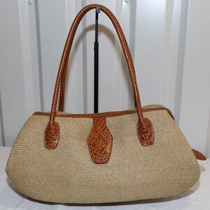 Eric Javits Women's Straw Rafia Shoulder Bag East West Design Croc Embossed Tan